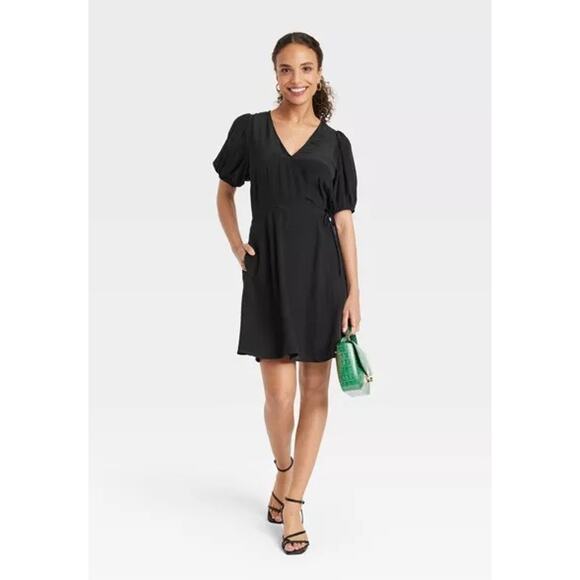 A New Day Black Balloon Sleeve Faux Wrap Mini Dress X-Small - Picture 1 of 8